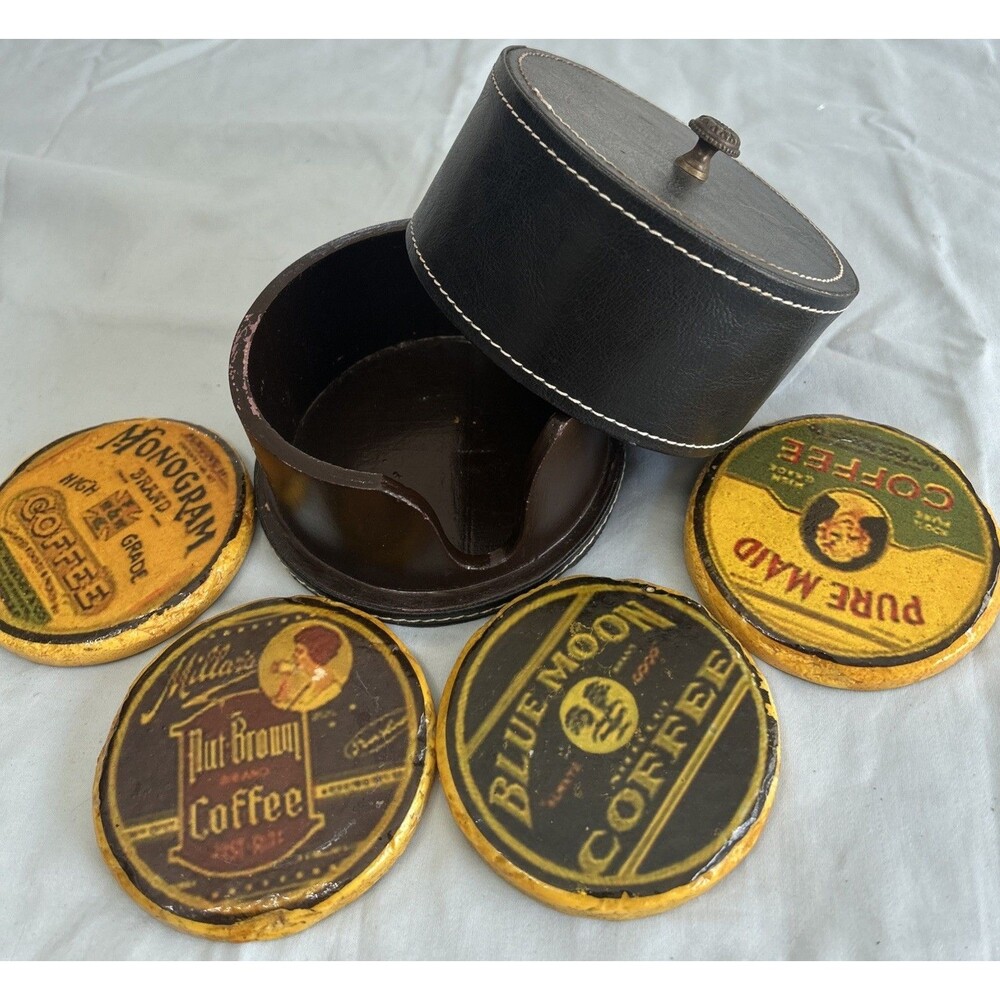 Vintage Set of 4 Hot and Cold Drink Coffee Coasters with Wooden Storage Case
